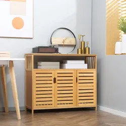 Aparador para Salón de Bambú con 3 Puertas Ranuradas Estantes para Comedor Cocina Entrada Natural 100x35x82 cm - Ogal.Es