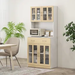 Alacena de Cocina con 4 Puertas de Vidrio Encimera Abierta Cajón Estantes Ajustables 80x40x180 cm Blanco y Natural - Ogal.Es