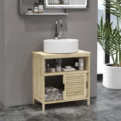 Armario Debajo de Lavabo con Puertas Correderas de Lamas Compartimento Abierto Estilo Moderno 60x30x60 cm Natural - Ogal.Es