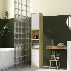 Columna de Baño Estrecha con 2 Puertas y 2 Estantes Abiertos, para Espacios Pequeños, 30x24x170 cm, Roble y Blanco - Ogal.Es