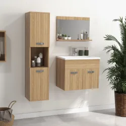 Conjunto de Muebles de Baño de Pared 4 Piezas Incluye Espejo Armario con Lavabo Cerámico y Columna de Baño Natural - Ogal.Es