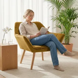 Butaca de Salón Moderna Tapizado en Terciopelo con Patas de Madera para Sala de Estar Amarillo - Ogal.Es