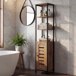 Columna de Baño Estrecha con Puerta de Lamas Estantes Ajustables Compartimentos Abiertos 37x30x167 cm Marrón Rús... - Ogal.Es