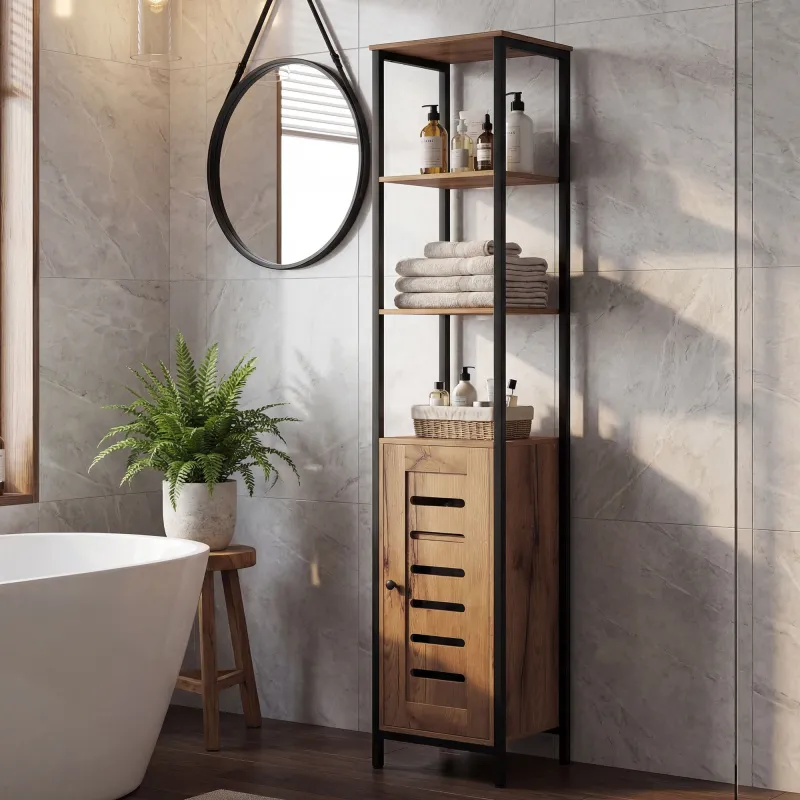 Columna de Baño Estrecha con Puerta de Lamas Estantes Ajustables Compartimentos Abiertos 37x30x167 cm Marrón Rús... - Ogal.Es
