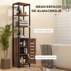 Columna de Baño Estrecha con Puerta de Lamas Estantes Ajustables Compartimentos Abiertos 37x30x167 cm Marrón Rús... - Ogal.Es