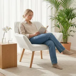 Butaca de Salón Moderna Tapizado en Terciopelo con Patas de Madera Sillón Relax para Sala de Estar Crema - Ogal.Es