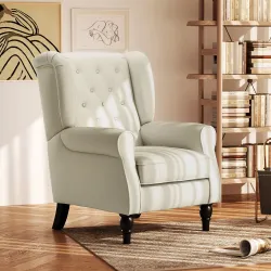 Sillón de Salón con Reposacabezas y Patas de Madera Butaca Carga 160 kg para Dormitorio Oficina Sala de Estar Crema - Ogal.Es