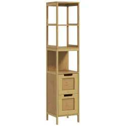 Armario Alto para Baño con 3 Estantes y 2 Cajones de Bambú Estilo Moderno 30x30x142,5 cm Natural - Ogal.Es