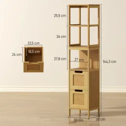 Armario Alto para Baño con 3 Estantes y 2 Cajones de Bambú Estilo Moderno 30x30x142,5 cm Natural - Ogal.Es