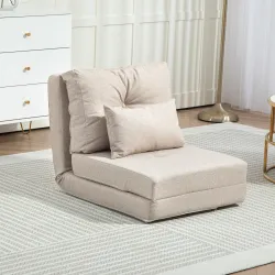 Sofá Cama Individual Plegable Sofá Cama Tapizado en Lino con Respaldo Ajustable 5 Posiciones 1 Almohada Beige - Ogal.Es