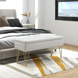 Banco Pie de Cama Tapizado en Lino Sintético con Patas de Acero y Asiento Acolchado Crema - Ogal.Es