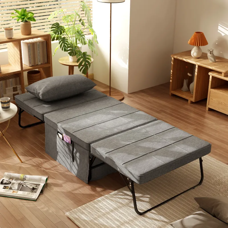 Sillón Cama Tapizado en Lino con Respaldo Ajustable de 5 Niveles Almohada Acolchada 75x80x74 cm Gris - Ogal.Es