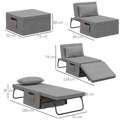 Sillón Cama Tapizado en Lino con Respaldo Ajustable de 5 Niveles Almohada Acolchada 75x80x74 cm Gris - Ogal.Es