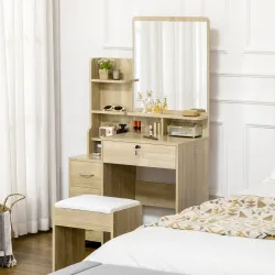 Tocador de Maquillaje con Taburete Espejo 4 Cajones 4 Compartimientos Estilo Moderno 80x38x143 cm Natural - Ogal.Es