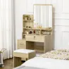 Tocador de Maquillaje con Taburete Espejo 4 Cajones 4 Compartimientos Estilo Moderno 80x38x143 cm Natural - Ogal.Es
