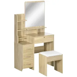 Tocador de Maquillaje con Taburete Espejo 4 Cajones 4 Compartimientos Estilo Moderno 80x38x143 cm Natural - Ogal.Es