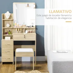 Tocador de Maquillaje con Taburete Espejo 4 Cajones 4 Compartimientos Estilo Moderno 80x38x143 cm Natural - Ogal.Es