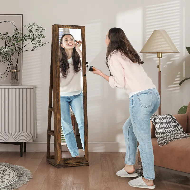 Espejo Joyero Giratorio 360° Armario para Joyas con Cerradura y Espejo Pequeño Incorporado 38x38x160 cm Marrón R... - Ogal.Es