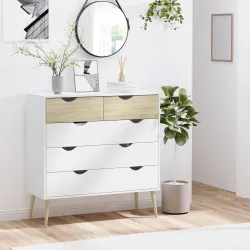 Cómoda para Dormitorio con 5 Cajones Patas Elevadas de Madera para Salón Oficina 99x39x101 cm Blanco y Roble - Ogal.Es