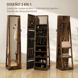 Espejo Joyero Giratorio 360° Armario para Joyas con Cerradura y Espejo Pequeño Incorporado 38x38x160 cm Marrón R... - Ogal.Es