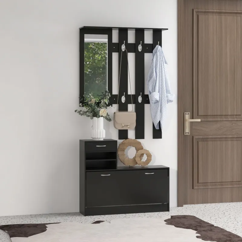 Conjunto de Recibidor de Entrada con Espejo Perchero y Zapatero Muebles de Recibidor de 2 Piezas con 6 Ganchos N... - Ogal.Es