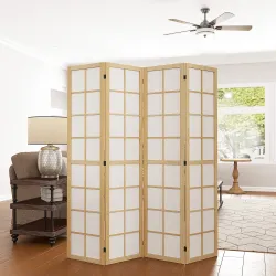 Biombo de 4 Paneles Plegable con Marco de Madera 160x170 cm para Dormitorio Oficina Salón Natural - Ogal.Es