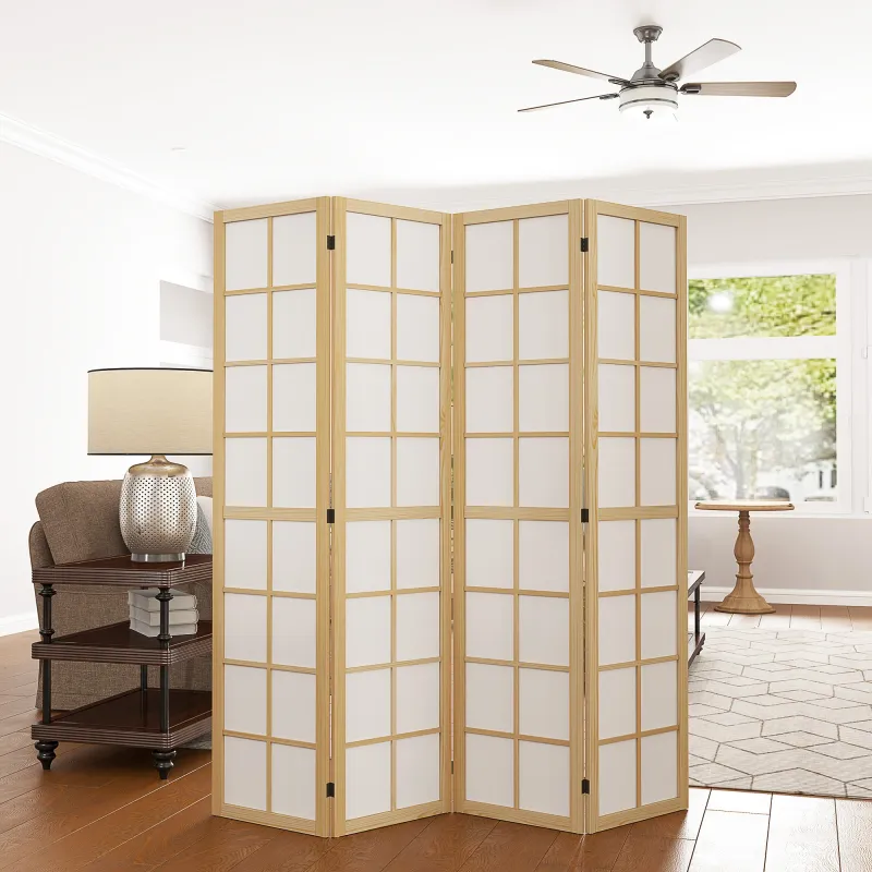 Biombo de 4 Paneles Plegable con Marco de Madera 160x170 cm para Dormitorio Oficina Salón Natural - Ogal.Es