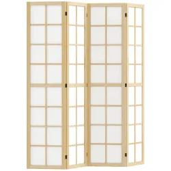 Biombo de 4 Paneles Plegable con Marco de Madera 160x170 cm para Dormitorio Oficina Salón Natural - Ogal.Es
