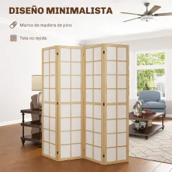 Biombo de 4 Paneles Plegable con Marco de Madera 160x170 cm para Dormitorio Oficina Salón Natural - Ogal.Es