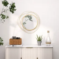 Espejo Decorativo de Pared Adorno de Pared Metálico Ø65 cm con Ganchos para Salón Dormitorio Pasillo Dorado - Ogal.Es