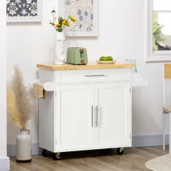Isla de Cocina con Ruedas con Cajón 2 Puertas Especiero Barra para Paños y Estante Ajustable 109x40x89 cm Blanco - Ogal.Es
