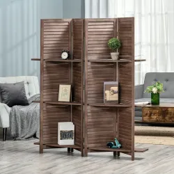 Biombo Plegable de 4 Paneles de Madera 162x170 cm Biombo Separador de Ambientes con 3 Estantes Nogal - Ogal.Es