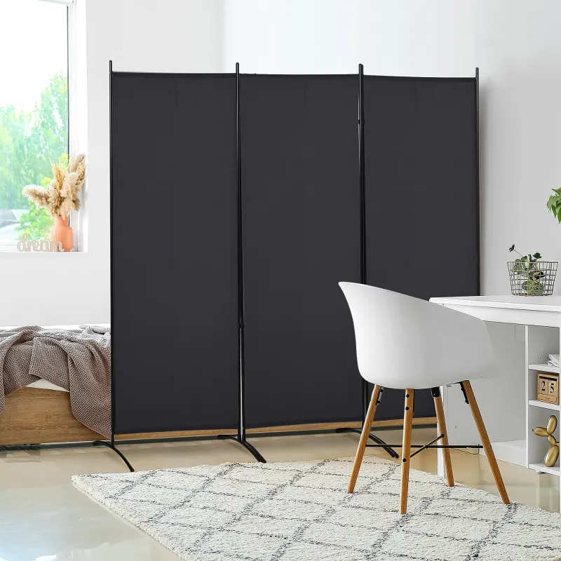Biombo Separador de Ambientes de 3 Paneles 253x50x182 cm Divisor de Habitación Plegable con 6 Pies de Metal Negro - Ogal.Es
