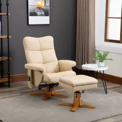 Sillón Relax Reclinable con Reposapiés 10 Puntos de Masaje Giratorio Mando a Distancia Bolsillo Lateral Crema - Ogal.Es