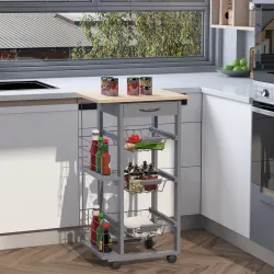 Carrito Auxiliar con Ruedas Carrito de Cocina con 3 Cestas Metálicas Cajón 2 Especieros 47x37x83 cm Gris - Ogal.Es
