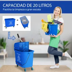 Cubo de Fregona con Ruedas 20 L Cubo de Fregar con Escurridor y Asa de Transporte para Doméstico y Comercial Azul - Ogal.Es