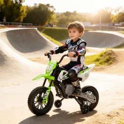 Moto Eléctrica para Niños de +3 Años con Batería 12V Música y Ruedas Auxiliares Carga 30 kg Verde - Ogal.Es