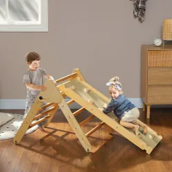 Triángulo de Escalada de Madera 3 en 1 con Rampa para Deslizarse o Escalar 147x64,5x63 cm Natural - Ogal.Es