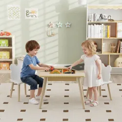 Juego de Mesa y 2 Sillas Infantiles de Madera con Compartimentos y Pizarra Desmontable 60x60x44 cm Natural y Blanco - Ogal.Es