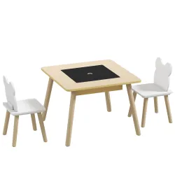 Juego de Mesa y 2 Sillas Infantiles de Madera con Compartimentos y Pizarra Desmontable 60x60x44 cm Natural y Blanco - Ogal.Es