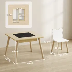 Juego de Mesa y 2 Sillas Infantiles de Madera con Compartimentos y Pizarra Desmontable 60x60x44 cm Natural y Blanco - Ogal.Es