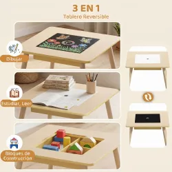 Juego de Mesa y 2 Sillas Infantiles de Madera con Compartimentos y Pizarra Desmontable 60x60x44 cm Natural y Blanco - Ogal.Es