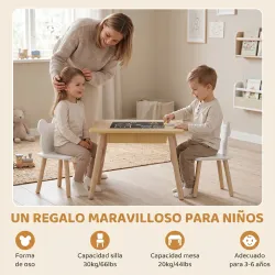 Juego de Mesa y 2 Sillas Infantiles de Madera con Compartimentos y Pizarra Desmontable 60x60x44 cm Natural y Blanco - Ogal.Es