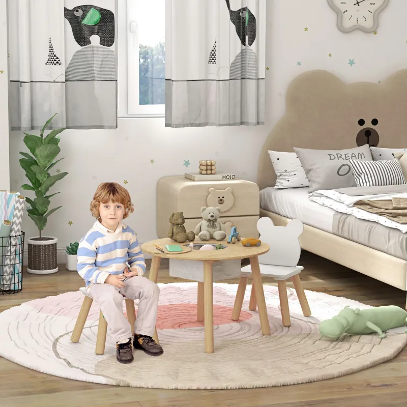Conjunto Infantil de Mesa y 2 Sillas de Madera con Respaldo en Forma de Oso y Espacio de Almacenaje para Niños 3... - Ogal.Es