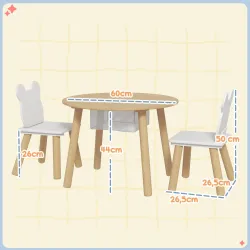Conjunto Infantil de Mesa y 2 Sillas de Madera con Respaldo en Forma de Oso y Espacio de Almacenaje para Niños 3... - Ogal.Es