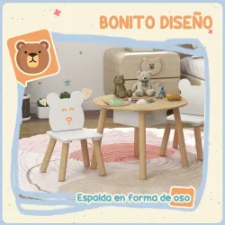 Conjunto Infantil de Mesa y 2 Sillas de Madera con Respaldo en Forma de Oso y Espacio de Almacenaje para Niños 3... - Ogal.Es