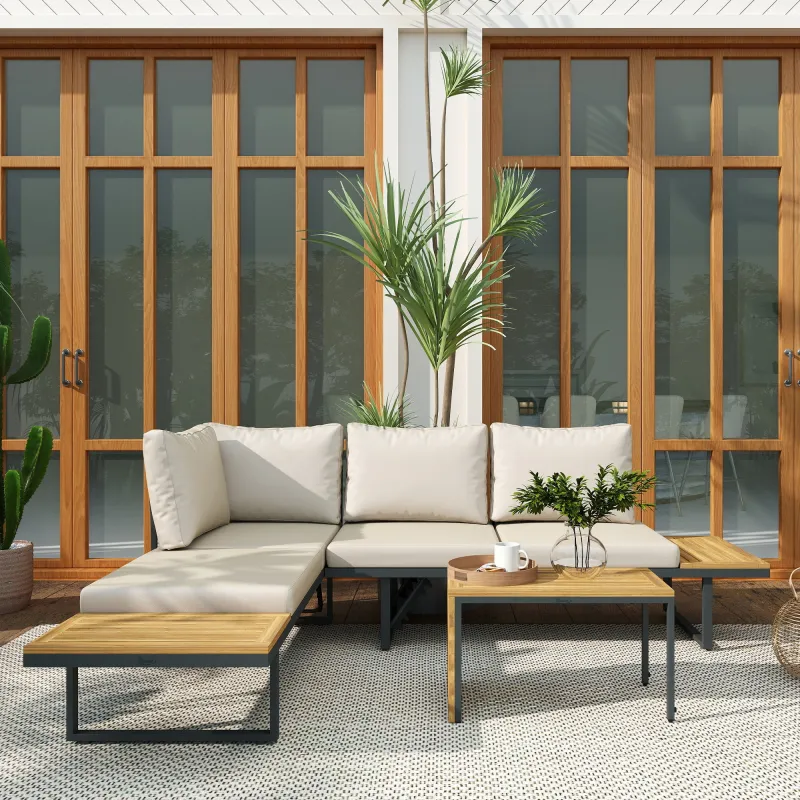 Conjunto de Sofás de Exterior Modular de Acero y Madera de Acacia con Mesa Auxiliar y Cojines Extraíbles - Ogal.Es