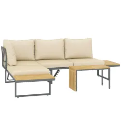 Conjunto de Sofás de Exterior Modular de Acero y Madera de Acacia con Mesa Auxiliar y Cojines Extraíbles - Ogal.Es