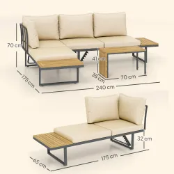 Conjunto de Sofás de Exterior Modular de Acero y Madera de Acacia con Mesa Auxiliar y Cojines Extraíbles - Ogal.Es