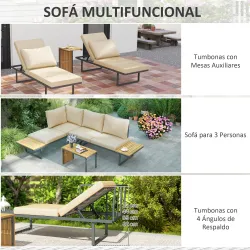 Conjunto de Sofás de Exterior Modular de Acero y Madera de Acacia con Mesa Auxiliar y Cojines Extraíbles - Ogal.Es